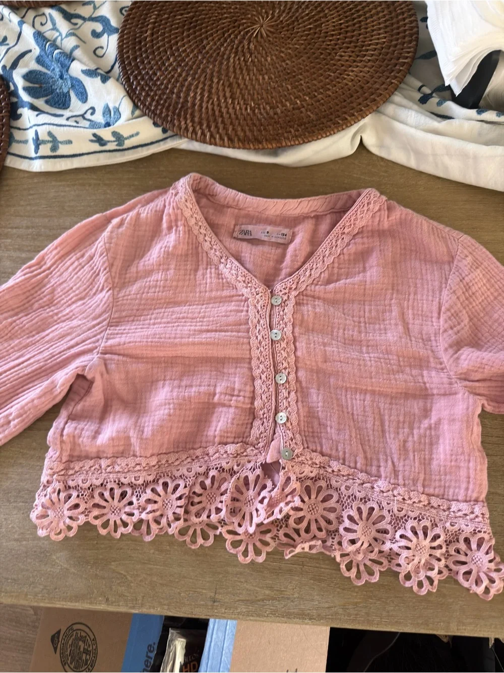 Zara Pink Crochet-Trim Button Front Top